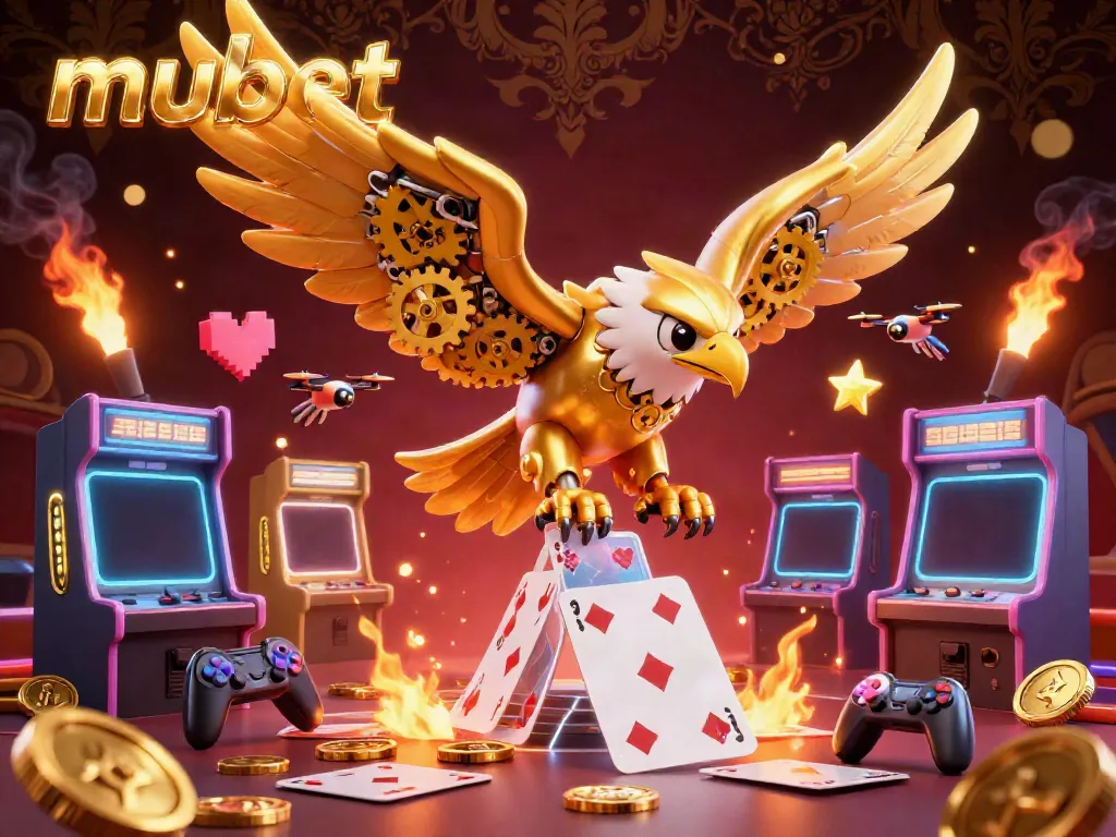 Experience exhilarating gameplay with mubet, featuring a dynamic golden eagle amidst holographic cards and arcade elements.