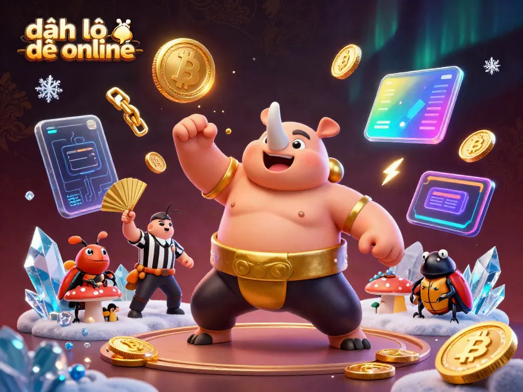 Engage in đánh lô đề online with vibrant 3D beetle champions amidst flying golden coins and dynamic blockchain elements.