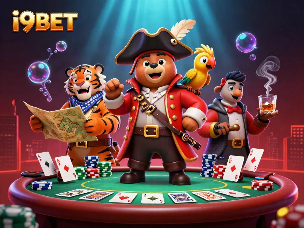 Engage in exciting poker action with i9BET's immersive scene depicting a pirate captain bear, a tiger first mate, and abundant poker elements.