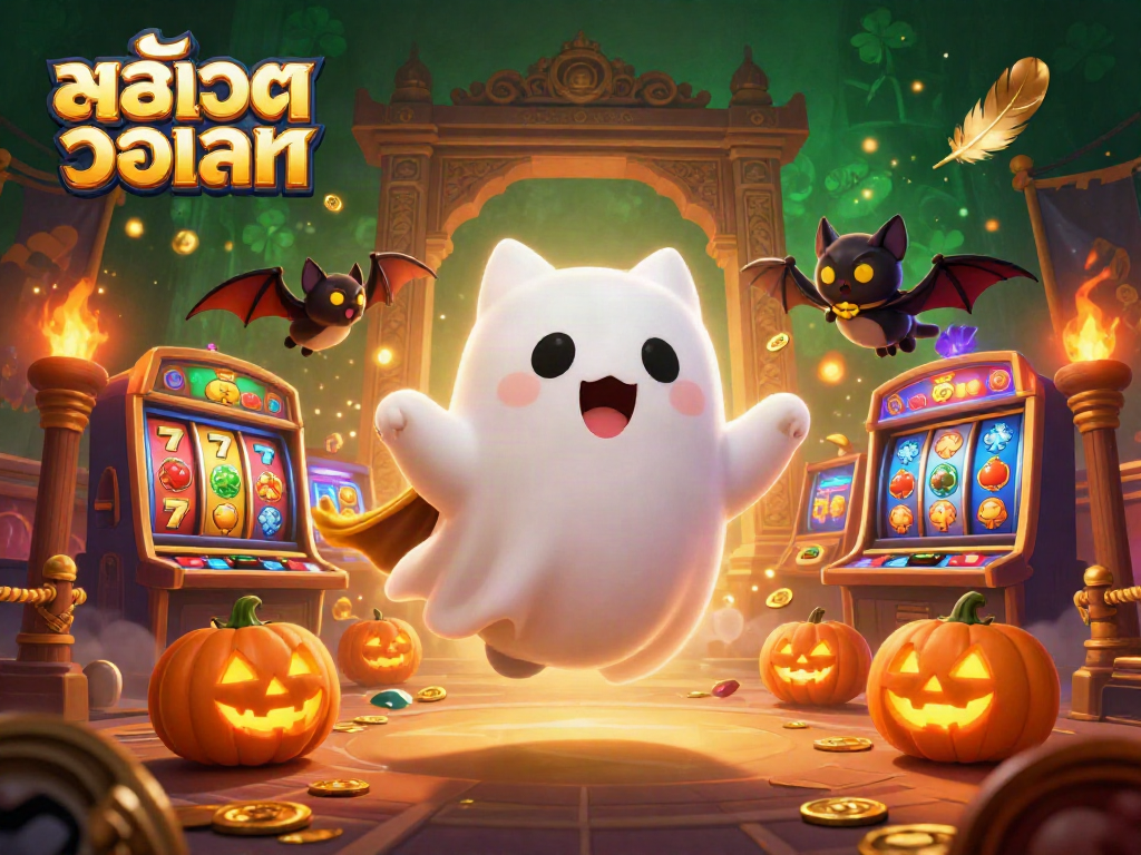 Engage with สล็อตวอเลท action in a lively casino scene featuring a ghost cat and a bat.