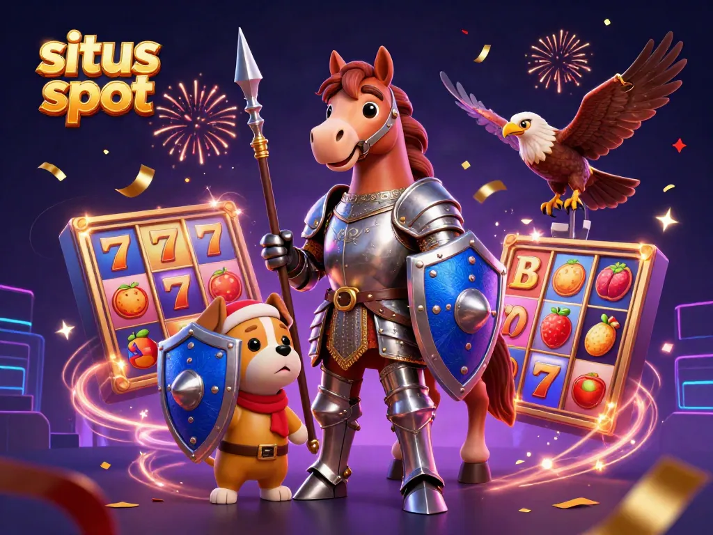Experience the excitement of situs slot with dynamic slot reels, knights, and vibrant confetti.